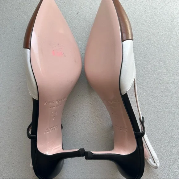 KateSpade Sabina pumps white brown leather with black and clear slingback straps - Picture 8 of 13